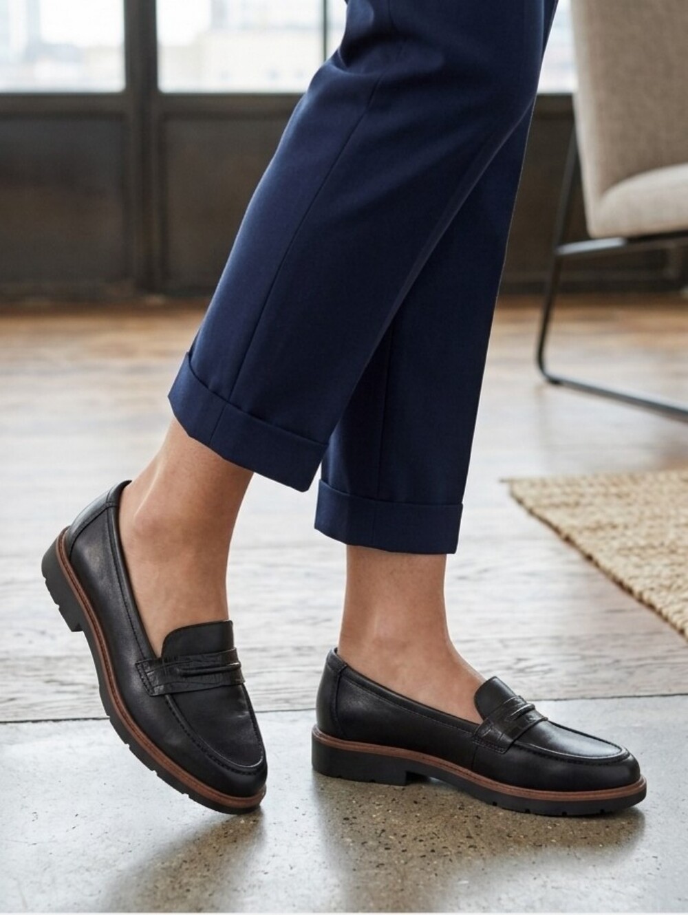 Clarks Collection Westlynn Black Leather Lug Sole Crocodile Trim Penny Loafers